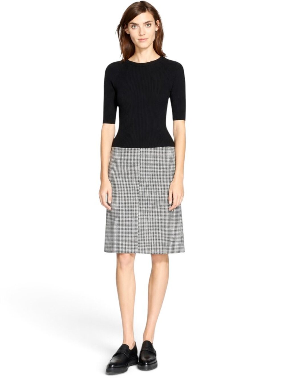 Theory Jothena Winhall Wool Knit Top with Black White Houndstooth Skirt Dress M